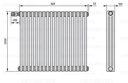 Схема (чертеж) Радиатор Zehnder Charleston 3200/18 №V012 Белый глянцевый RAL 9016